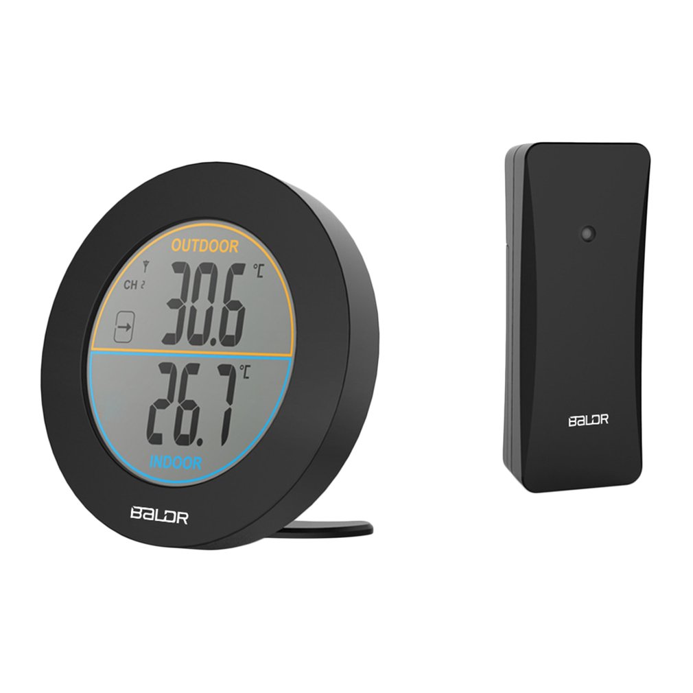 Baldr Ronde Vorm Thermometer Draadloze Tafel Indoor Outdoor Lcd-scherm Weerstation Digitale Muur Temperatuur Meter Sensor