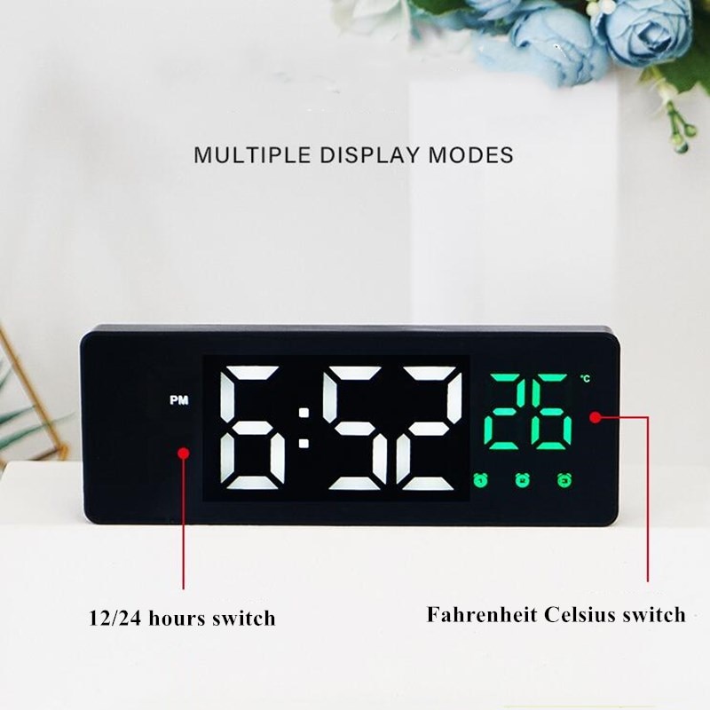 Reloj Despertador Digital con Control de voz, pantalla de temperatura y tiempo de repetición, 3 alarmas, espejo LED con Cable USB
