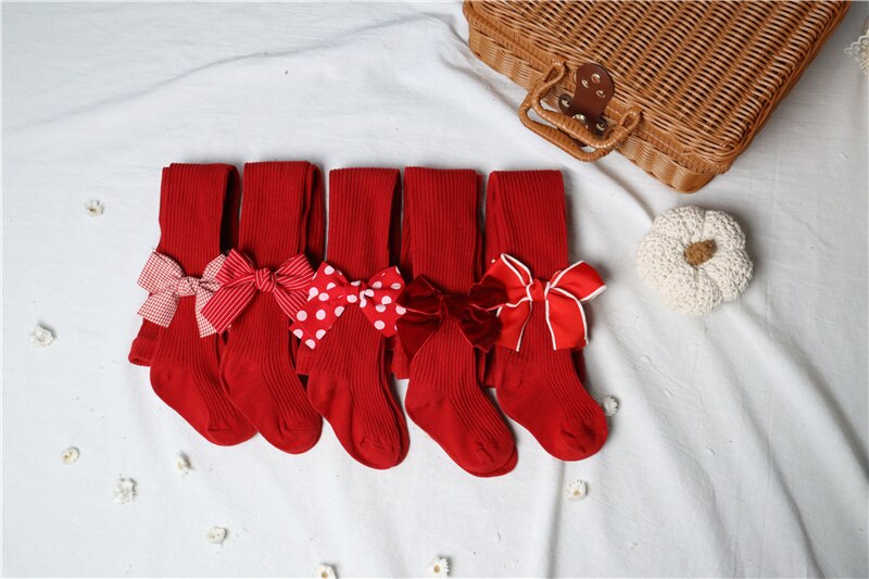 Infant Baby Christmas Ribbed Pantyhose, Girls Stretch Mid-Rise Tights with Bows Warm Stockings for Winter , 6Months-6Years