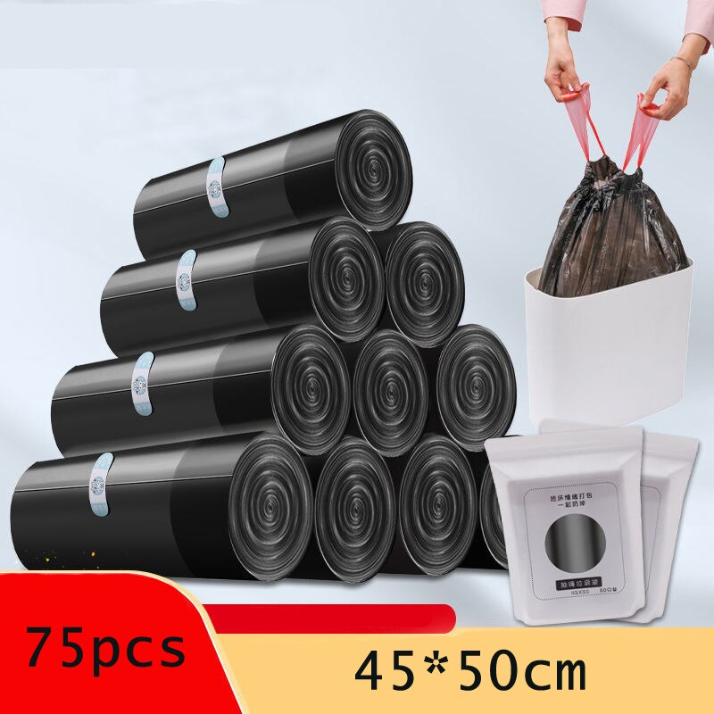 Sac poubelle à haute capacité, Portable, cordon de serrage, ménage cuisine, noir, jetable, épais, stockage de voiture: hei se 75pcs