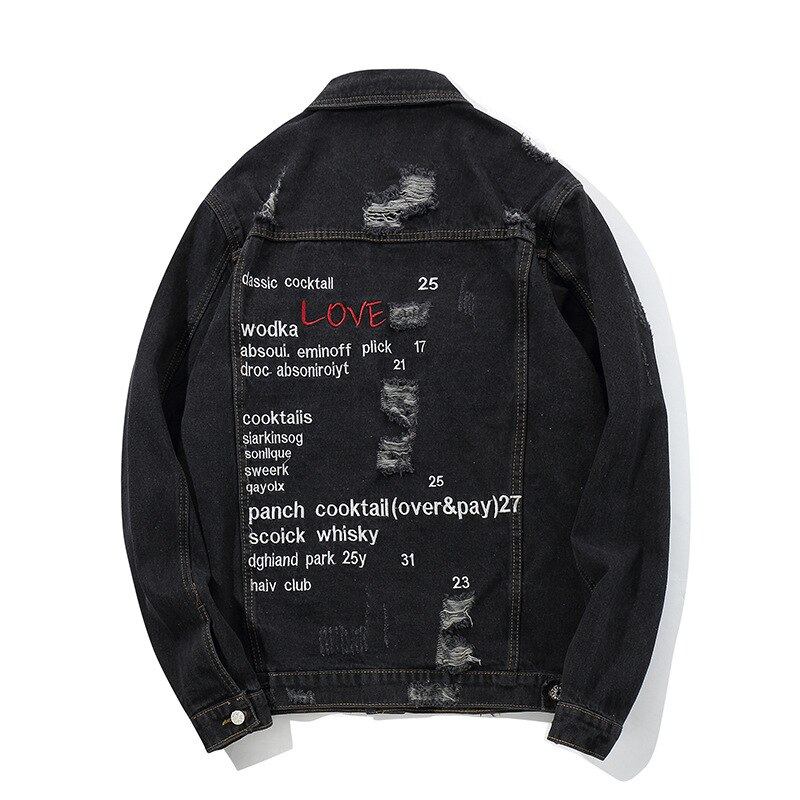 Chaquetas vaqueras con bordado de Hip Hop, abrigo vaquero para hombre con agujeros rasgados, Otoño , Chaquetas vaqueras para hombre, bordado HW340