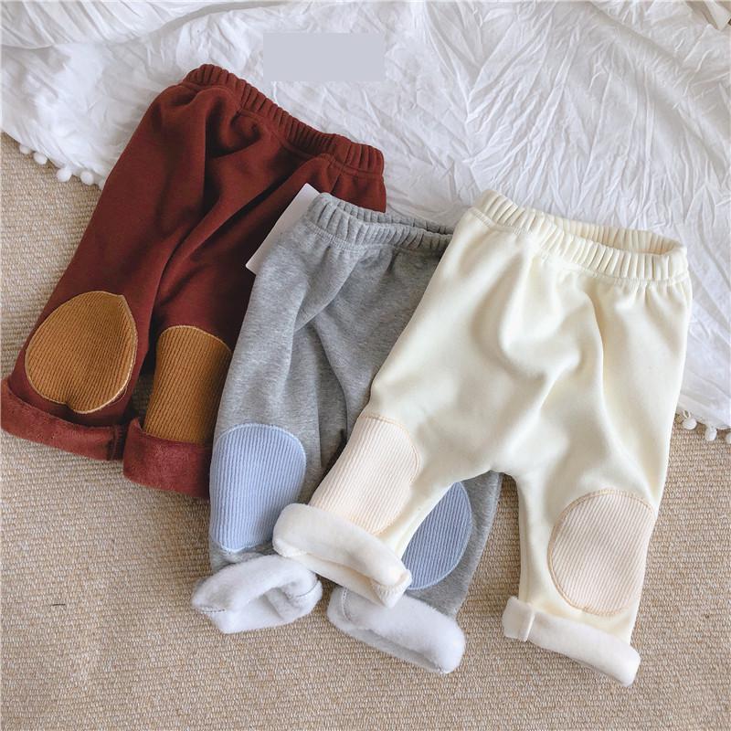 Bébé garçons filles genou Patch pantalon automne hiver Plus velours enfants pur coton Leggings solide enfant en bas âge Pp pantalon