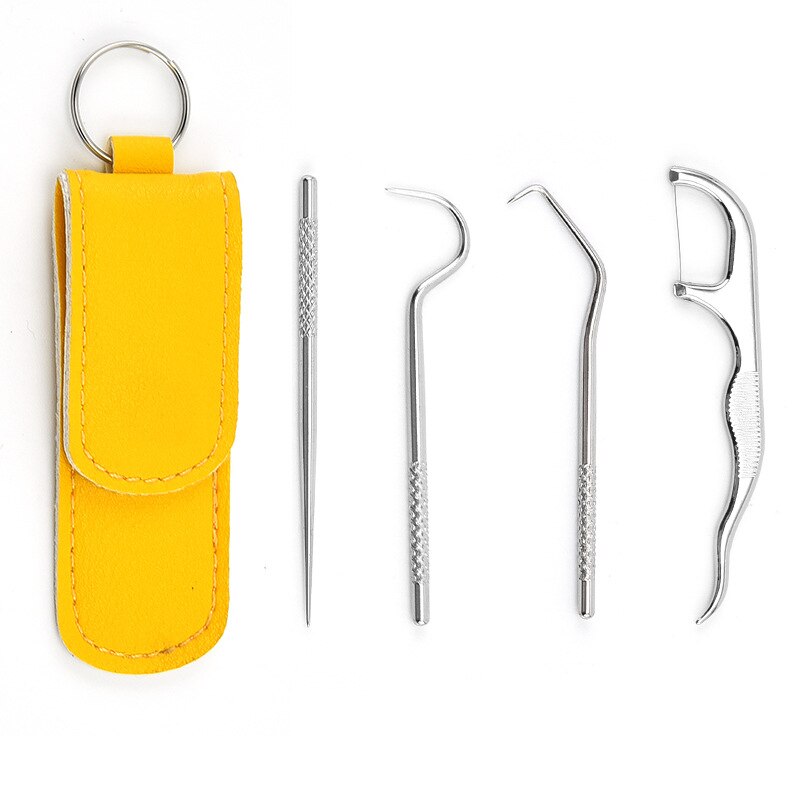 Portable Stainless Steel Toothpick Bag Set Reusable Metal Toothpicks With Holders For Outdoor Picnics And Camping Floss Dental: Yellow 4pcs