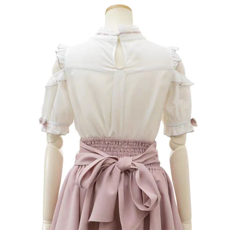 Blusas góticas de Lolita para Mujer, agradable arco con hombros descubiertos, camisa JK para chicas japonesas, Blusas elegantes con volantes de encaje y corazón de amor para Mujer