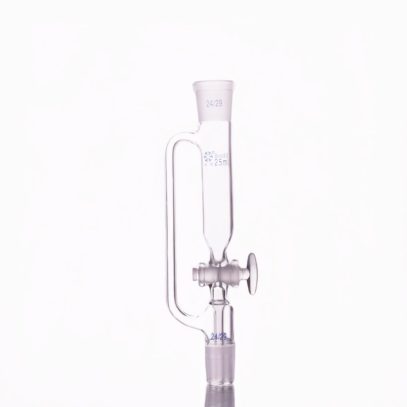 Separatory funnel constant pressure cylindrical shape,standard ground mouth.Capacity 25ml,Joint 24/29+24/29,Glass switch valve