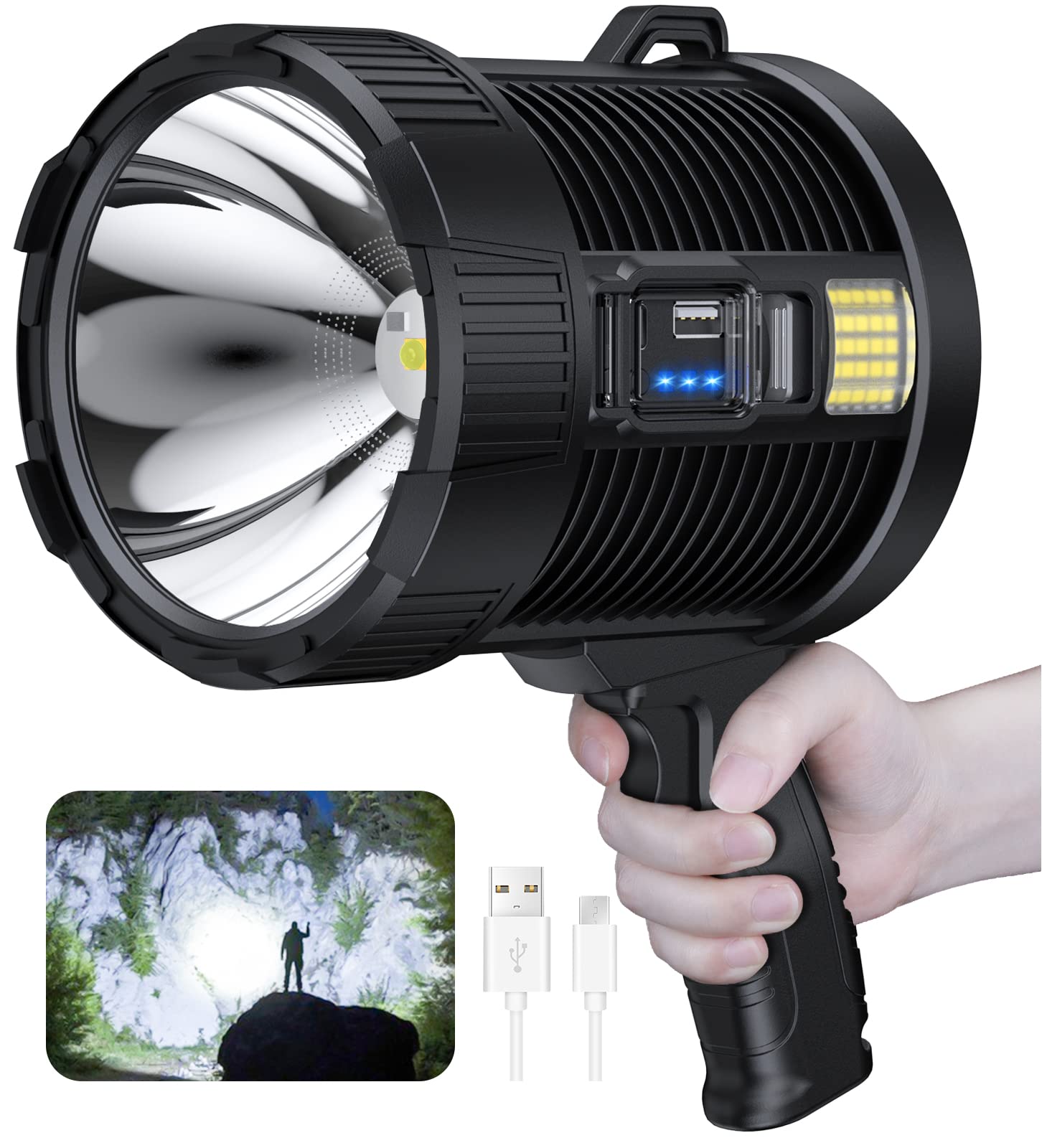 Foco Recargable 900000 Focos Led de lúmenes, linterna grande de mano, focos solares superbrillantes para exteriores, reflector