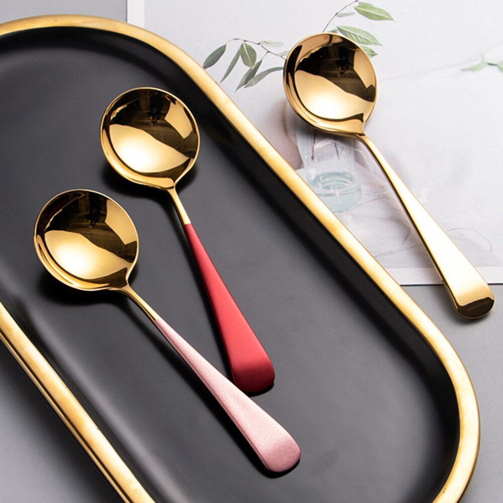3pcs Silver 304 Stainless Steel Spoon Dessert Serving Spoon Tableware Round Spoon for Home Restaurant