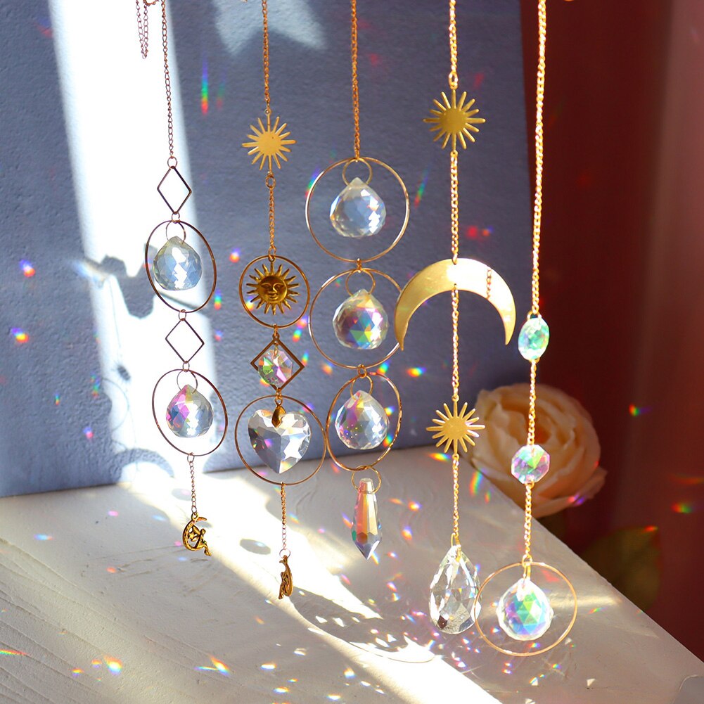 Crystal Wind Chime Star Moon Pendant Geometric Sun Catchers Gold Plated Hanging for Garden Window Wedding Curtain Decor