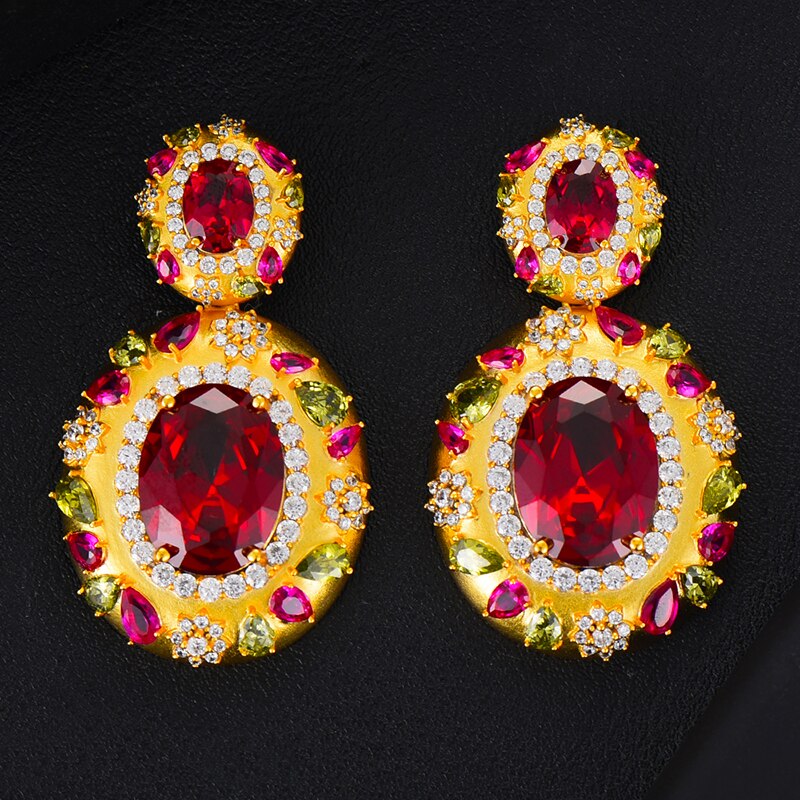 Godki big luxury 3pc armbånd ring øreringe sæt til kvinder bryllup brude cubic zirconia dubai fest smykker boho: Rød dråbeørering