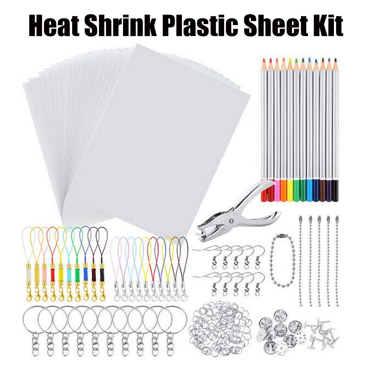 198PCS Heat Shrink Sheet Plastic Kit Shrinky Art Paper Hole Punch Keychains Pencils DIY Drawing Art Supply Heat Shrink