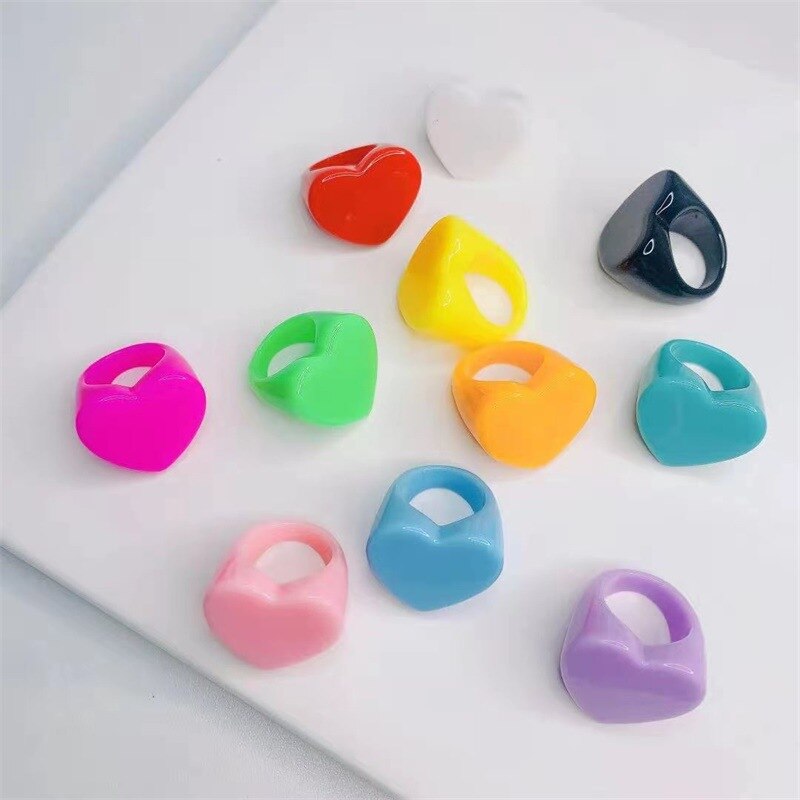 Sweet Charm Kleurrijke Hars Hart Hars Acryl Vinger Ringen Voor Vrouwen Meisjes Eenvoudige Zomer Partij Sieraden
