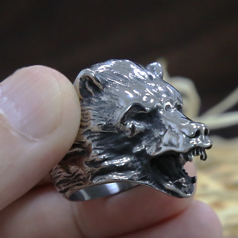 Anillo de cabeza de oso vikingo moderno, anillo cabeza de Animal Punk motorista de acero inoxidable dominante, anillos de oso eslavo para hombres, , tamaño 8-13