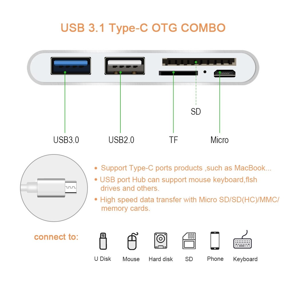 Concentrateur OTG type-c vers lecteur USB SD TF Micro USB pour tablette de téléphone Station d'accueil universelle USB C