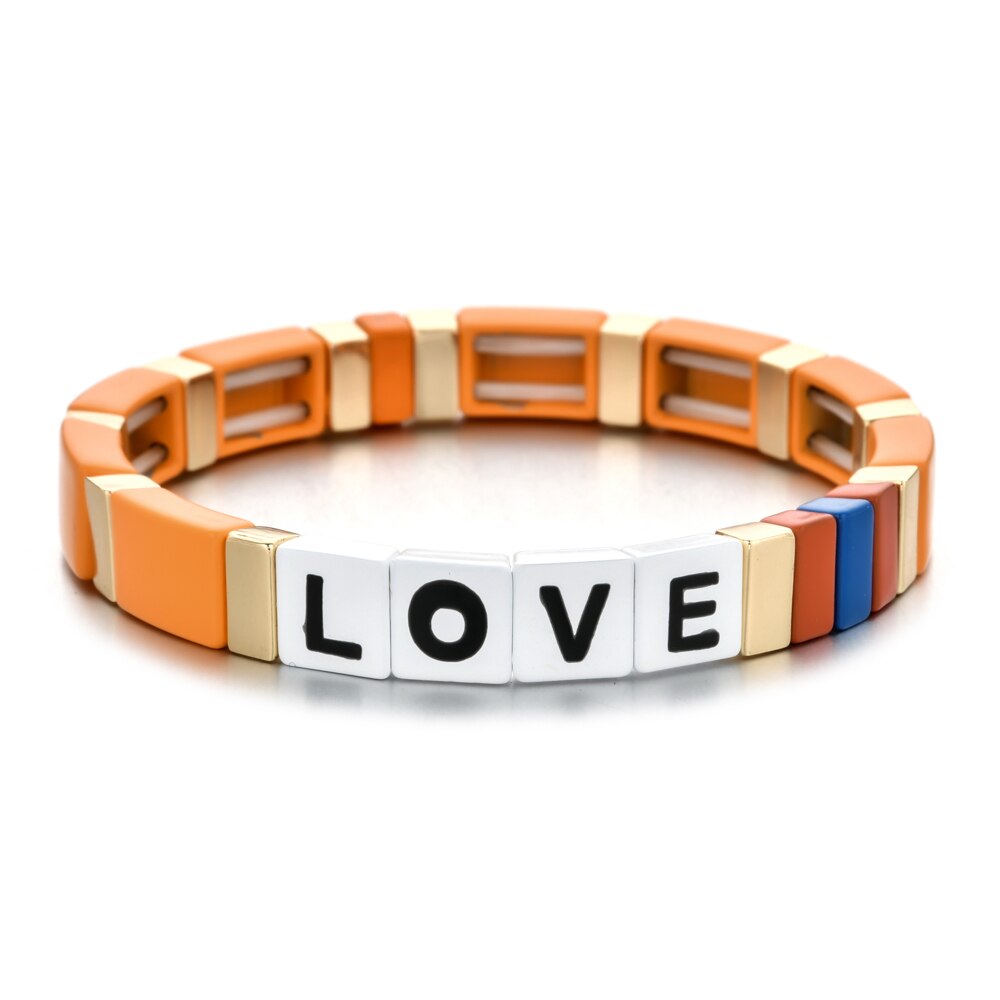 Mode Kleurrijke Regenboog Emaille Tegel Armband Vrouwen Meisjes Brief Liefde Armbanden Elasticiteit Manchet Bangles Partij Sieraden: A8