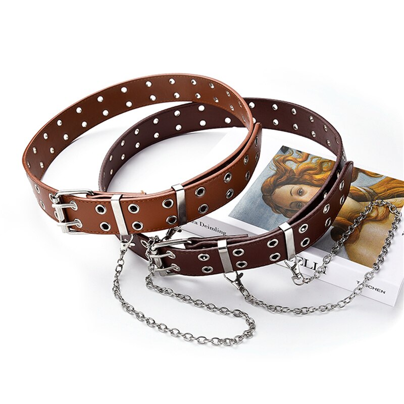 Women's Single Double or Rivet Grommet Belt Punk Waist Belt with Chain Detachable 2 Hole Belt