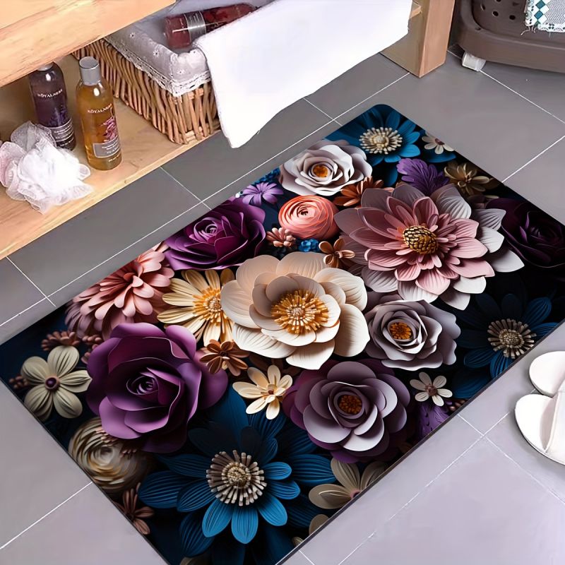 Alfombra de baño con patrón 3d de flores, alfombrilla antideslizante superabsorbente para cocina y baño, almohadilla de barro para pies, decoración de habitación del hogar, alfombras de entrada: Blanco / 400 mm x 600 mm