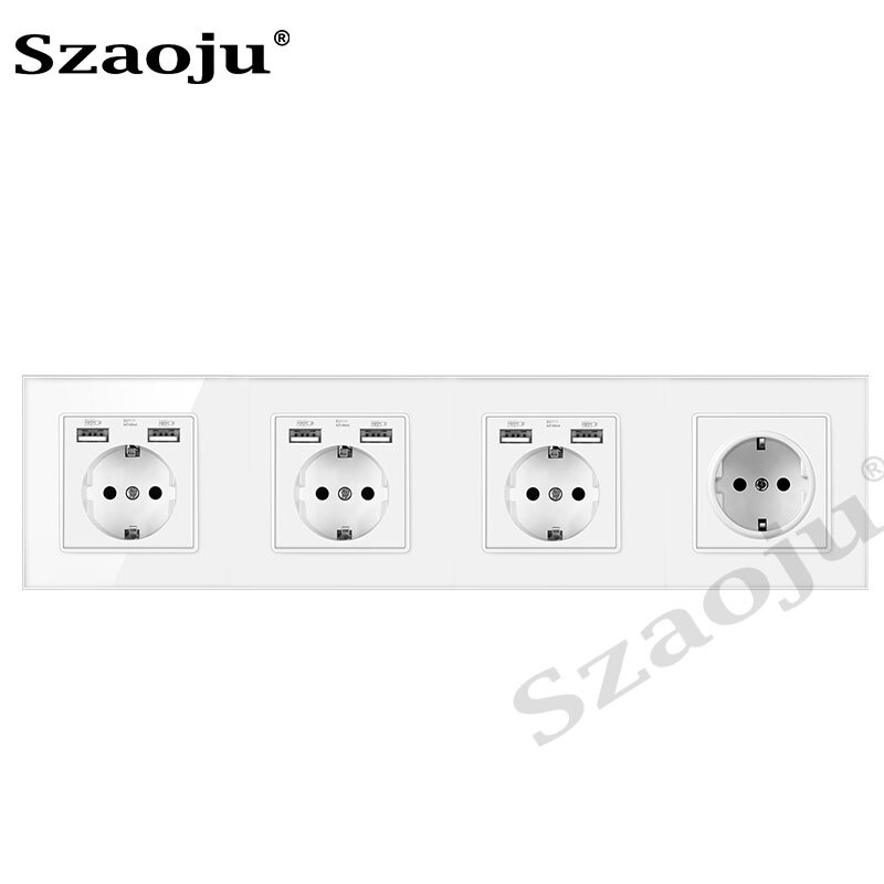 Szaoju wall socket German standard 16A crystal tempered glass panel socket Siamese power socket with USB charging AC110-250V: German 3USB 1jack
