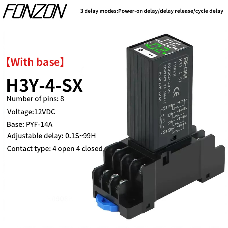 Digitale Power-On Vertragingsrelais H3Y-2(8pin)H3Y-4(14pin) Timer Relais 0.1S-99H Cyclusvertraging Met Basis Ac 220V Dc 12V Dc 24V: L