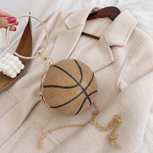 Vrouwen avond clutch kleurrijke kristallen diamanten ronde bolvormige clutch dames handtas bruiloft portemonnee ketting schoudertas: Gouden basketbal