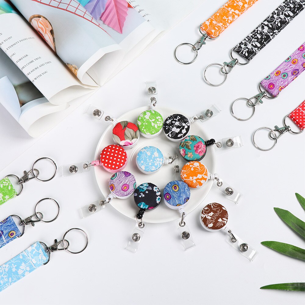 1PC Printed Fabric Lanyard Badge Reel ID Card Holder Clip Mobile Phone Neck Hanging Rope Floral Print Straps Office Supplies