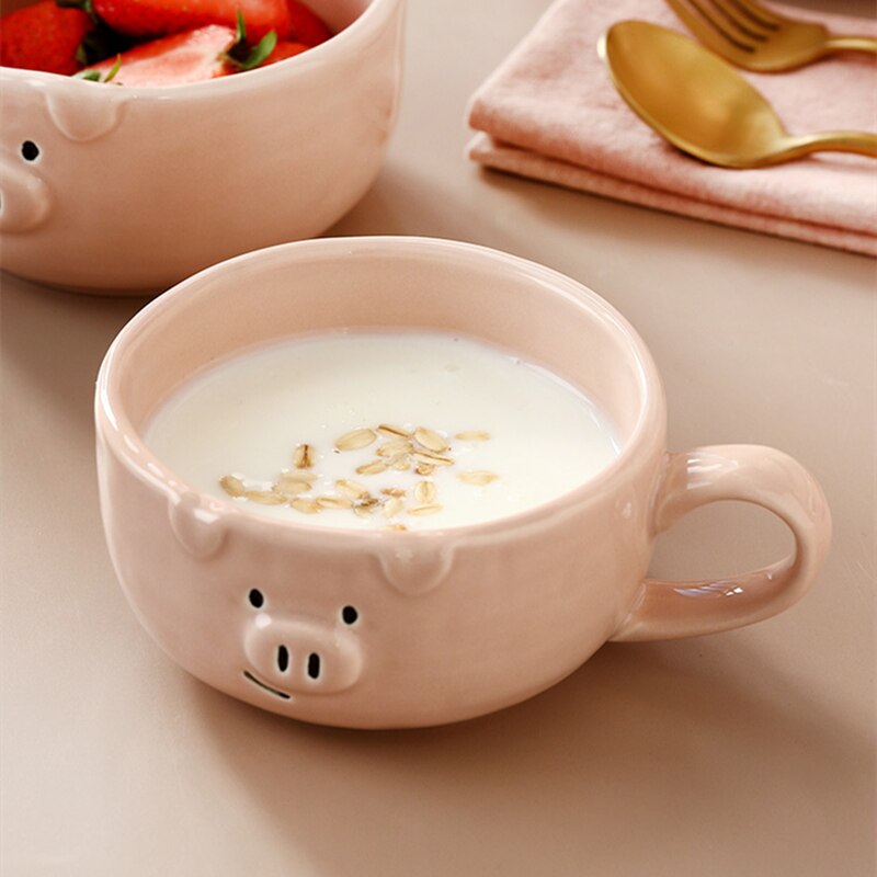 Juego de vajilla de porcelana con dibujos animados para el hogar, conjunto de cerámica con cuenco rosa encantador, plato de desayuno con personalidad creativa