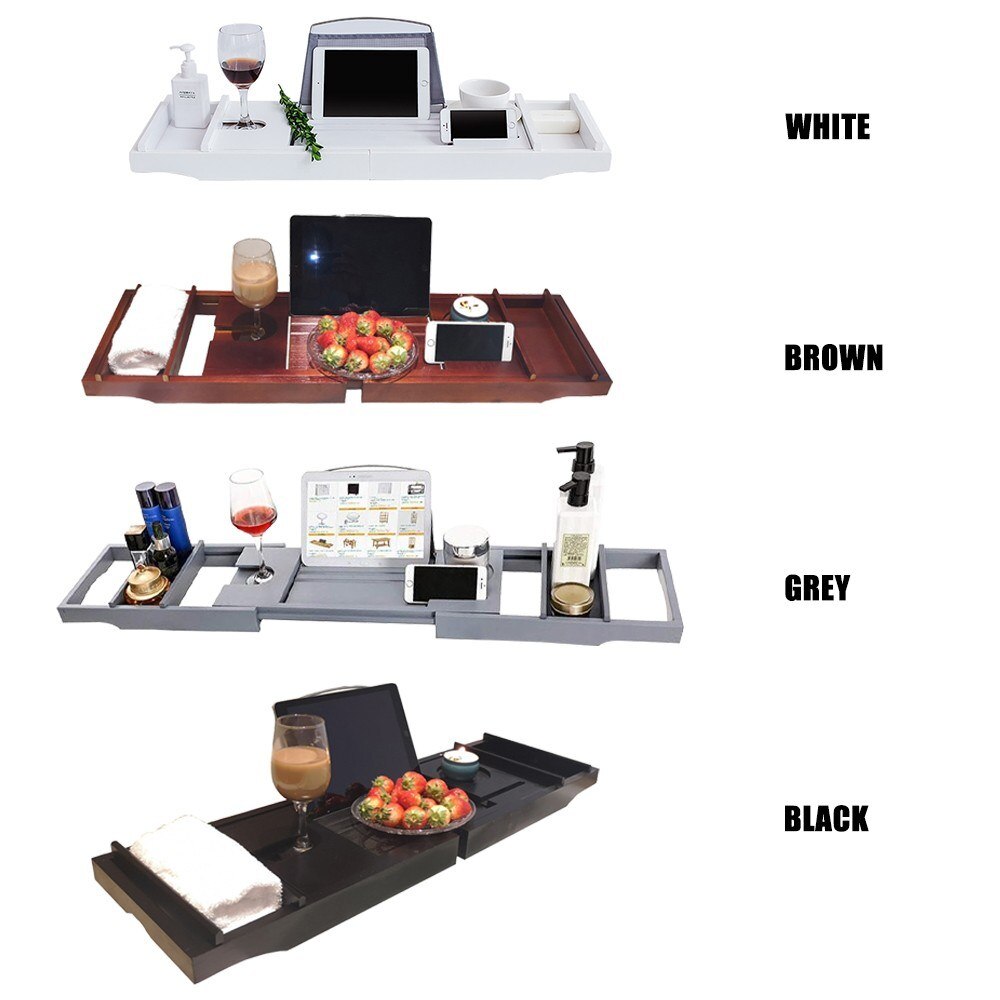 Tray Bamboo Spa Bathtub Caddy Organizer Book Wine Holder Nonslip Bottom Extendable Sides Bathtub Caddy: brown