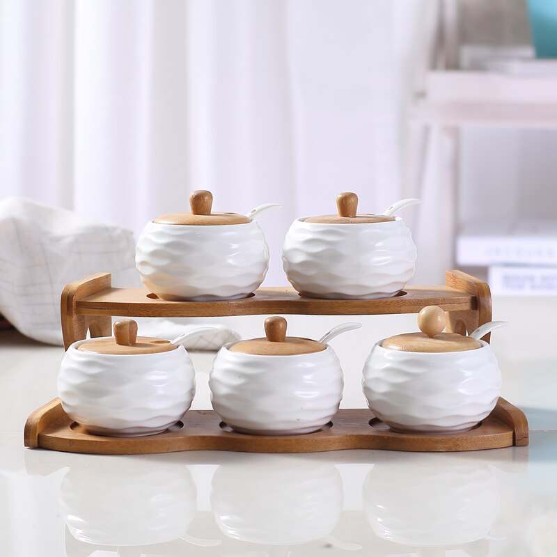 Garden bamboo stand upper layer ceramic glass seasoning can kitchen supplies box salt jars and lids