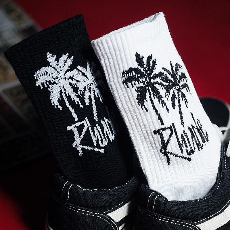 Men Socks Novelty Male Rhode Coconut Trees White Black Sports Stockings Letter Cotton Socks Ordinary Cool Sheer Socks