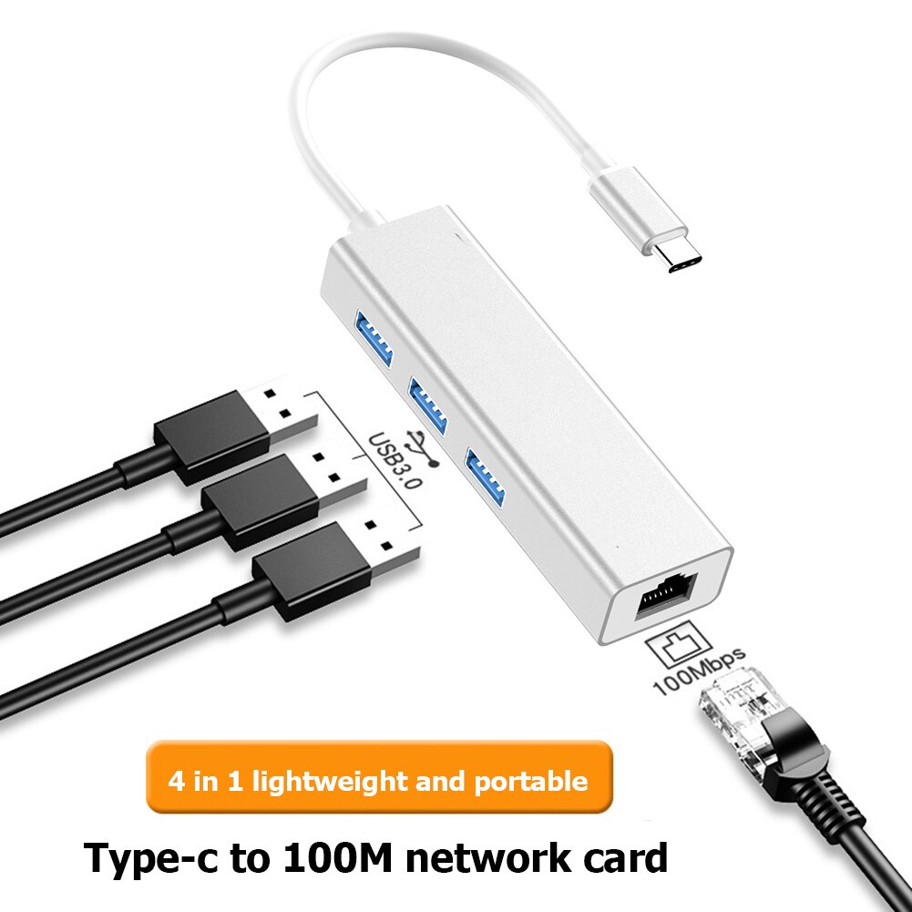 Usb-keskitin  rj45 10/100 mbps tyypin -c 3 portit ethernet-verkkokortti lan-sovitin keskitinmuunnin windows 7/8/10: lle mac os linux vista: Tyyppi-c a
