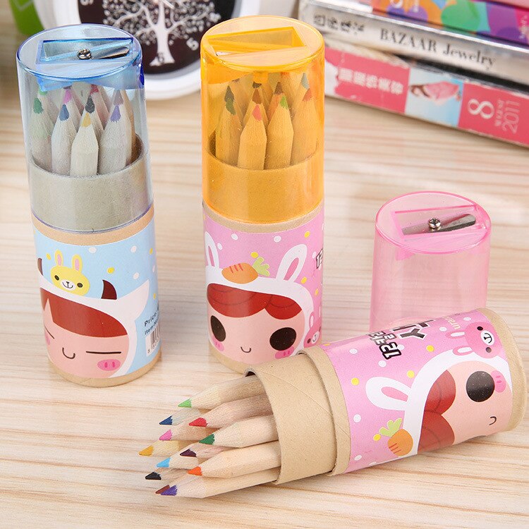 Mini lápices de colores seguros para niños y niñas, 12 colores de plomo, no tóxicos, coreano, dibujos animados creativos, sacapuntas