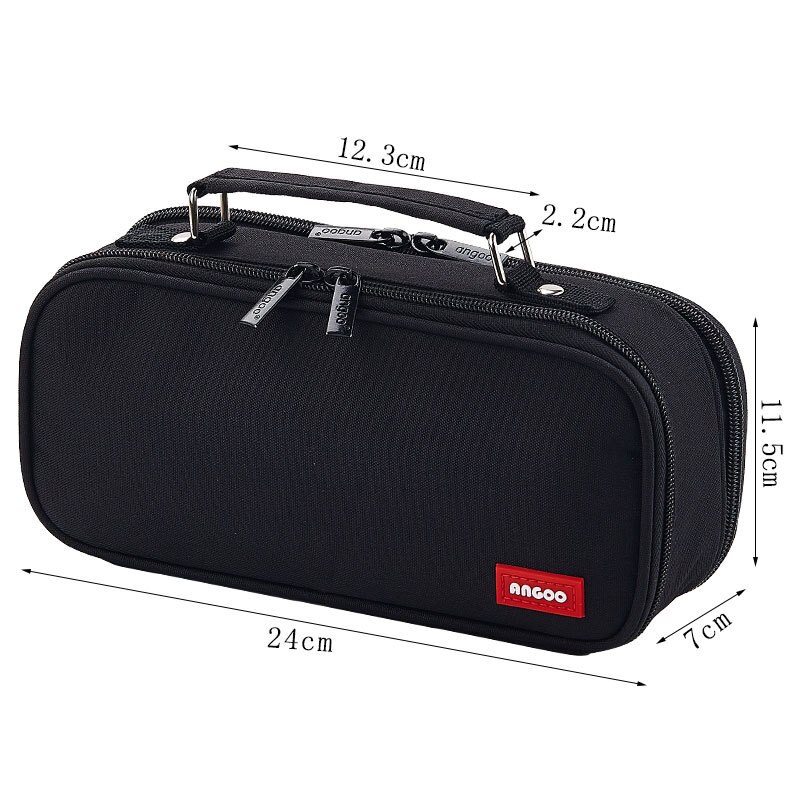 Angoo Twin Storage Pen Bag Pencil Case Multi Slot Layer Cute Handle Large Capacity Handbag Type Pouch Stationery School A6736: Black