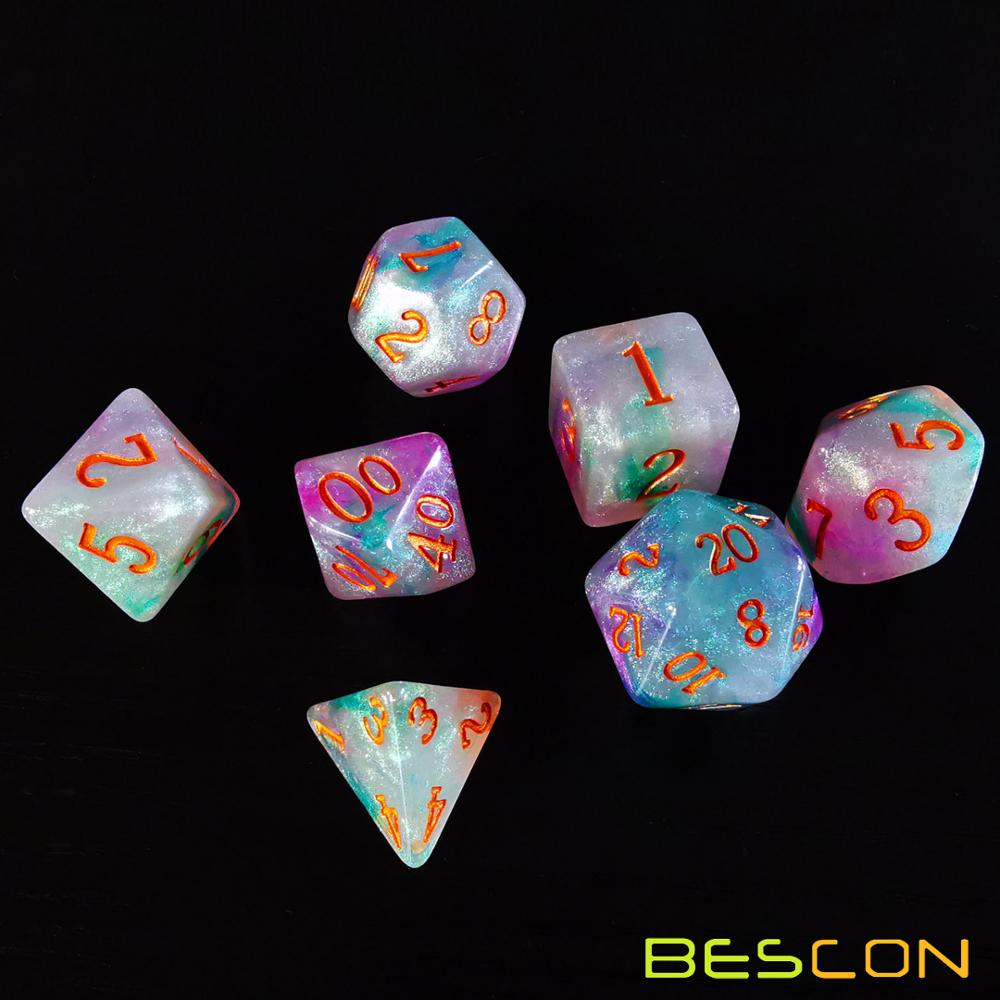 Bescon Magical Stone Dice Set Series, 7pcs Polyhedral RPG Dice Set Fairy Spirit, RoseQuartz, Gold Ore, Dragon Eyes: Fairy Spirit Bulk