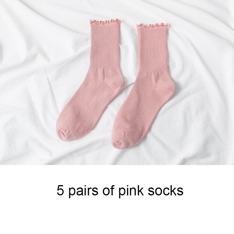 5 Pairs Women Cotton Ruffle Frilly Socks Black White Cute Autumn Winter Socks Solid color Soft Happy Girl Socks: D pink