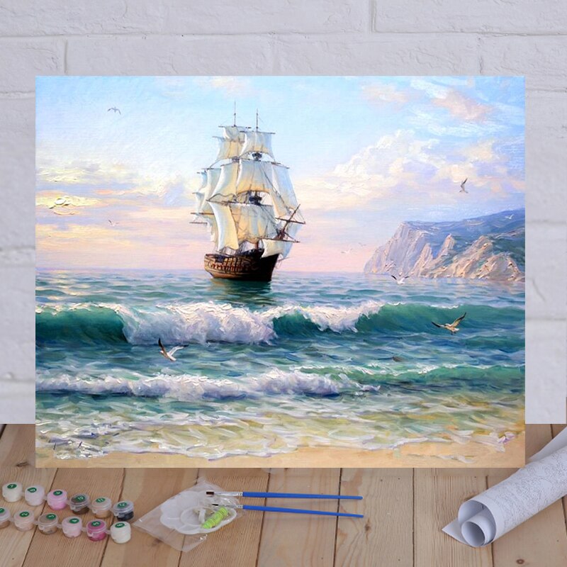 Imagens de arte de parede, coloração de barco marítimo por números, faça você mesmo, pintura a óleo por números, pintura a mão, kits de desenho de tela, pintada à mão