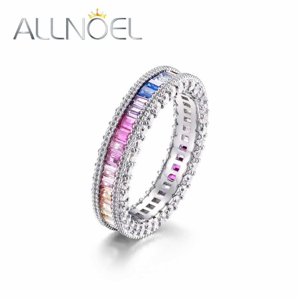 ALLNOEL anelli in vero argento Sterling 925 per donna arcobaleno CZ zircone cubico colorato 1*2mm regalo di gioielli con fedi nuziali a cerchio intero