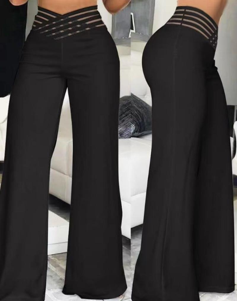 Hohe Taille Einfarbig Breite Bein Hosen Sommer schick verlieren Elegante Metall Ausgestelltes Schlauch Büro Damen Gerade Frauen Hosen: XL / Himmel Blau