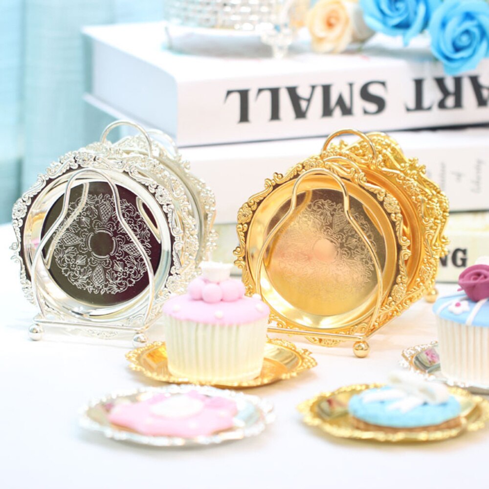 6PCS Mini Cake Dish Fruit Platter Dessert Plate Snacks Tray Decorative Tableware with Rack for Wedding Party Home (Golden)