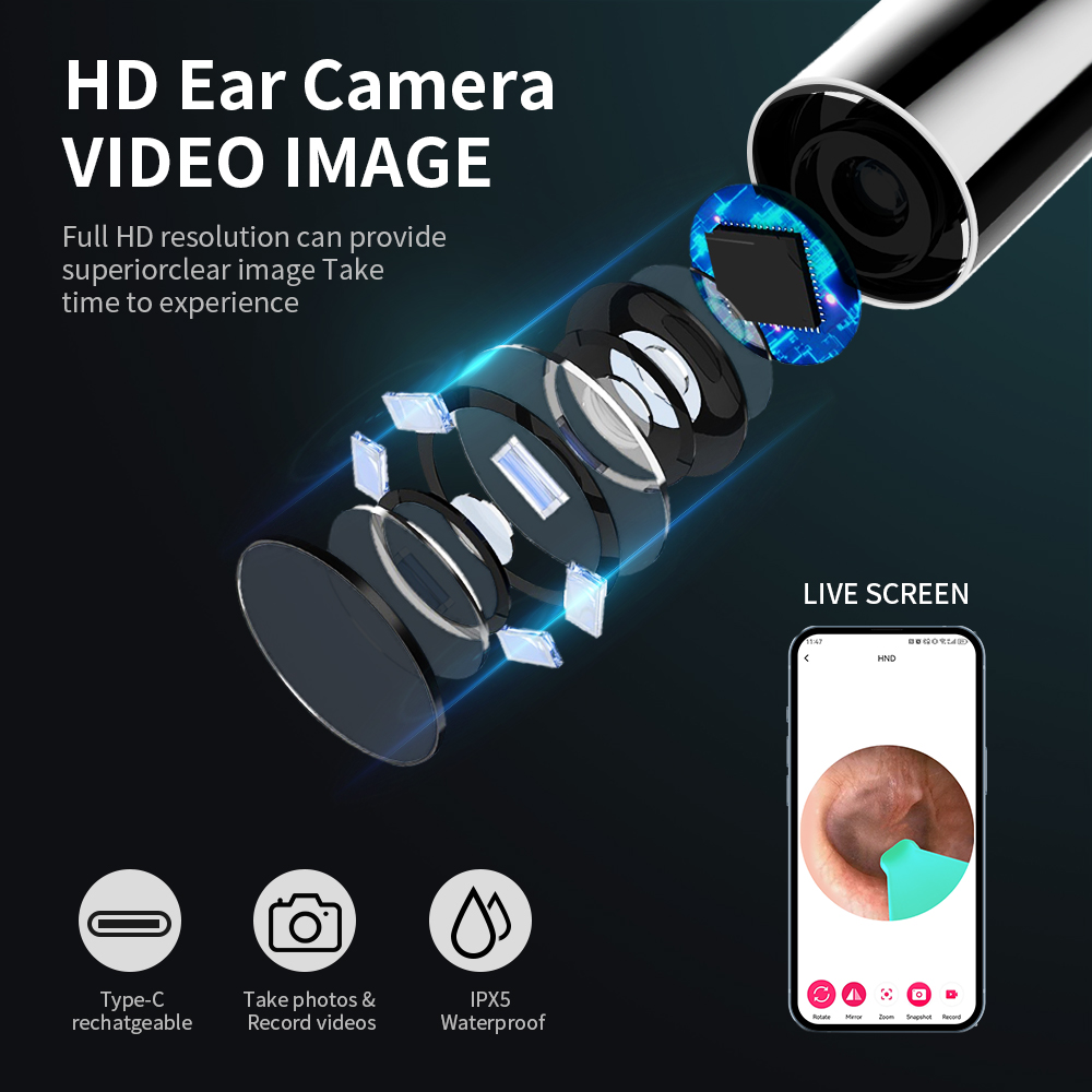 Limpiador de oídos con cámara, palos para los oídos HD, otoscopio, carga USB C, endoscopio, herramienta de eliminación de cera, palillo para los oídos, juego de limpieza de oídos NK3 Pro