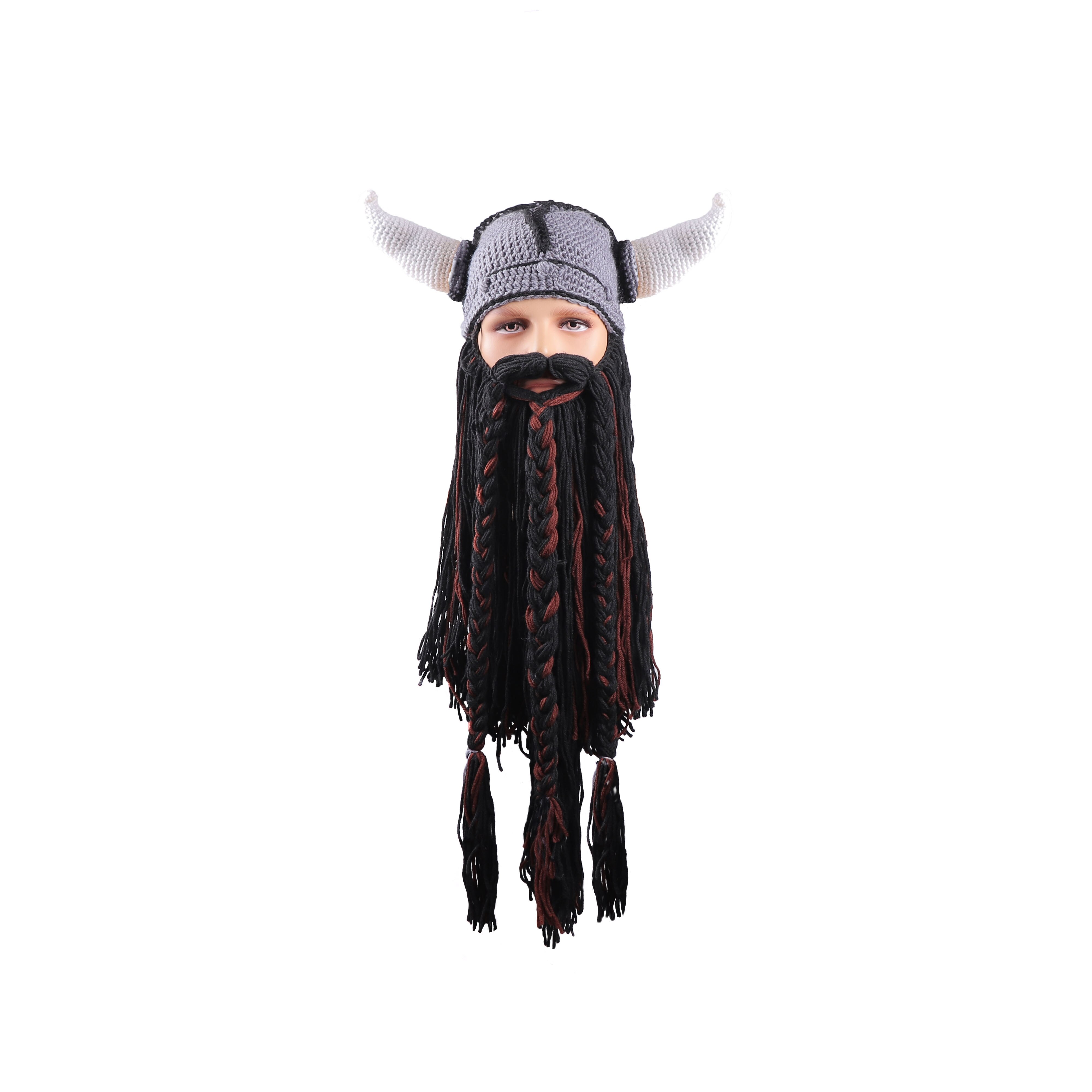 Men's Barbarian Vagabond Viking Beard Beanie Horn Hats Handmade Knitted Winter Warm Caps Funny Halloween Mask Cosplay H9