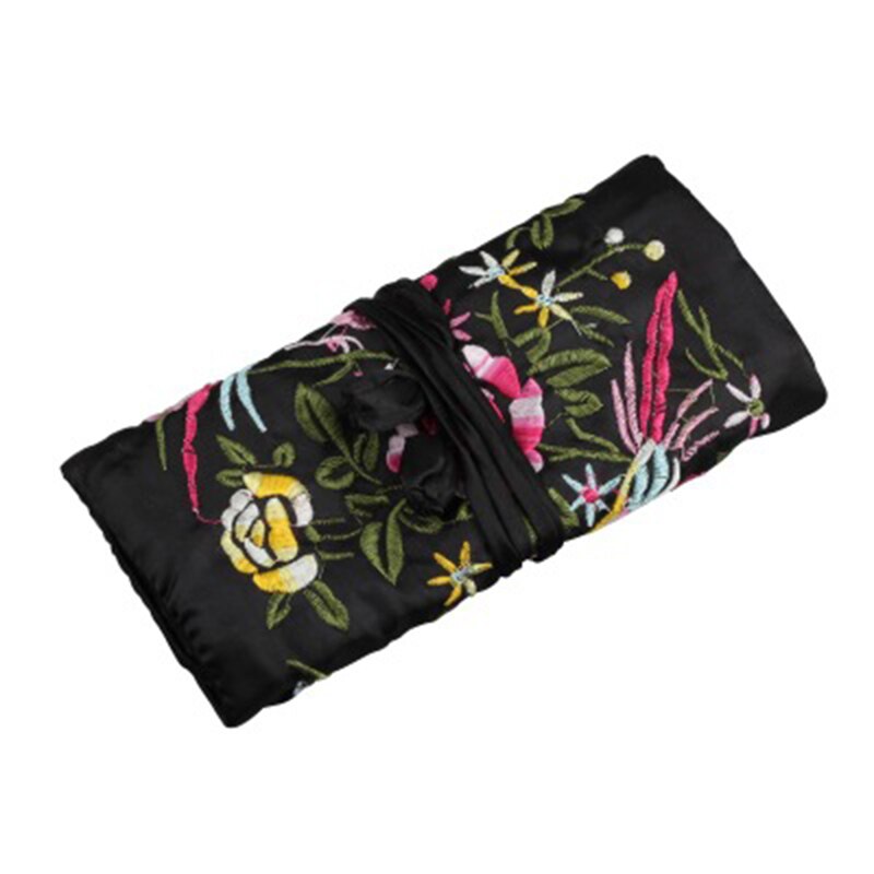 Portable Ladies Travel Jewelry Roll Bag Embroidery Jewelry Packaging Bag Women's Jewelry Organizer Case Pouch: Black