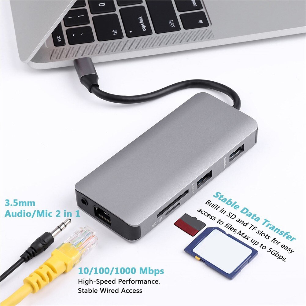 Réseau informatique HDMI VGA vidéo Audio Port lecteur de carte puissance de sortie USB C Hub câble concentrateur RJ 45 9 en 1 gris 1000Mbps