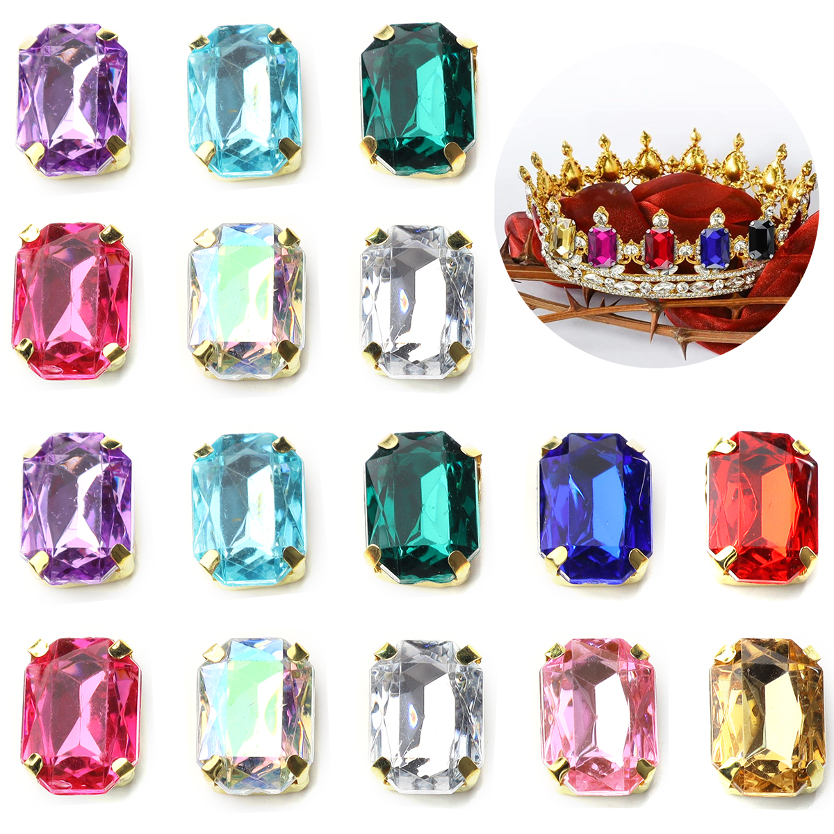 30 stuks 10 x 14mm rechthoekige kristallen glazen strass-steentjes, handgenaaide acryl strass-steentjes met gouden klauw voor kledingaccessoires