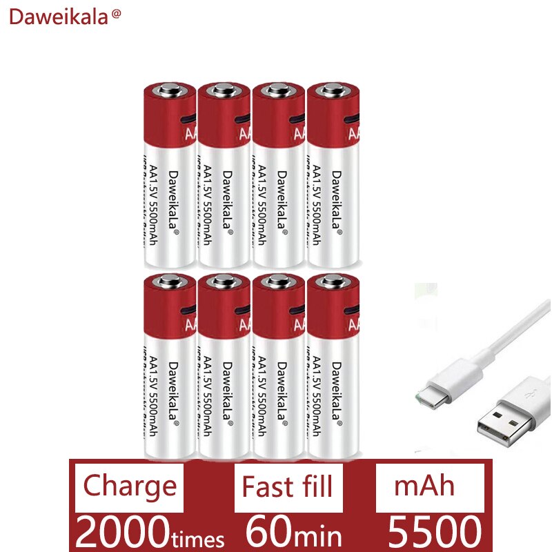 Daweikala-Batería de iones de litio recargable por USB para juguetes, reloj con termómetro, reproductor MP3, teclado, AA, 1,5 mah, 5500 V: 8psc