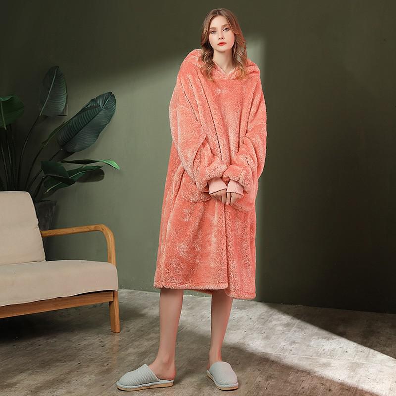 Ropa de dormir suave con bolsillo para hombre, camisón polar Coral, albornoz cálido, bata suelta para amantes del hogar, Invierno: Women Pink
