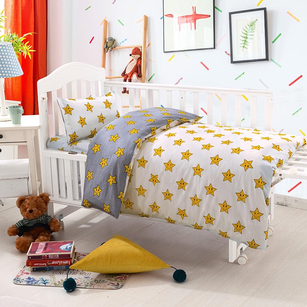 3 stk sæt baby sengetøj sæt bomuld tegneserie stjerne mønster krybbe kit inklusive pudebetræk dynebetræk barneseng fladt ark: 5