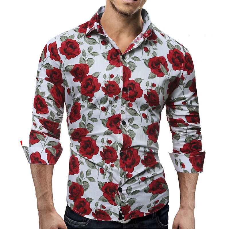 Rose Flower Printed Shirts Men's Luxury Long Sleeve Tops Tee Slim Fit Casual USA