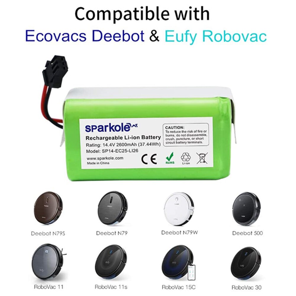 Sparkole-Batería de Repuesto para Robot Aspirador, Dispositivo Compatible con Modelos Deebot N79S, N79, DN622, Robovac 11, 11S, 11S Max, Conga Excellent 990 y 1090 y Tesvor X500, de 14,4 V y 2600mAh