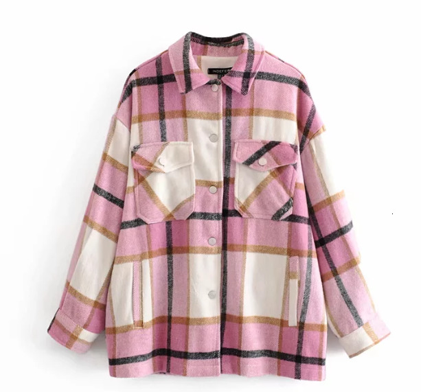 Toppies efterår vinter plaid oversize jakker løs kausal ternet streetwear frakke: Lyserød / S