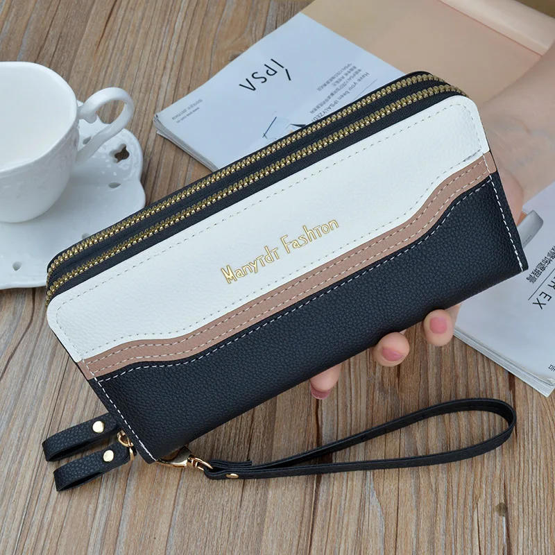 Wallet Ladies Long Double Zipper Large Capacity Clutch Splicing Contrast Color Mobile Phone Bag Wallets for Women: black