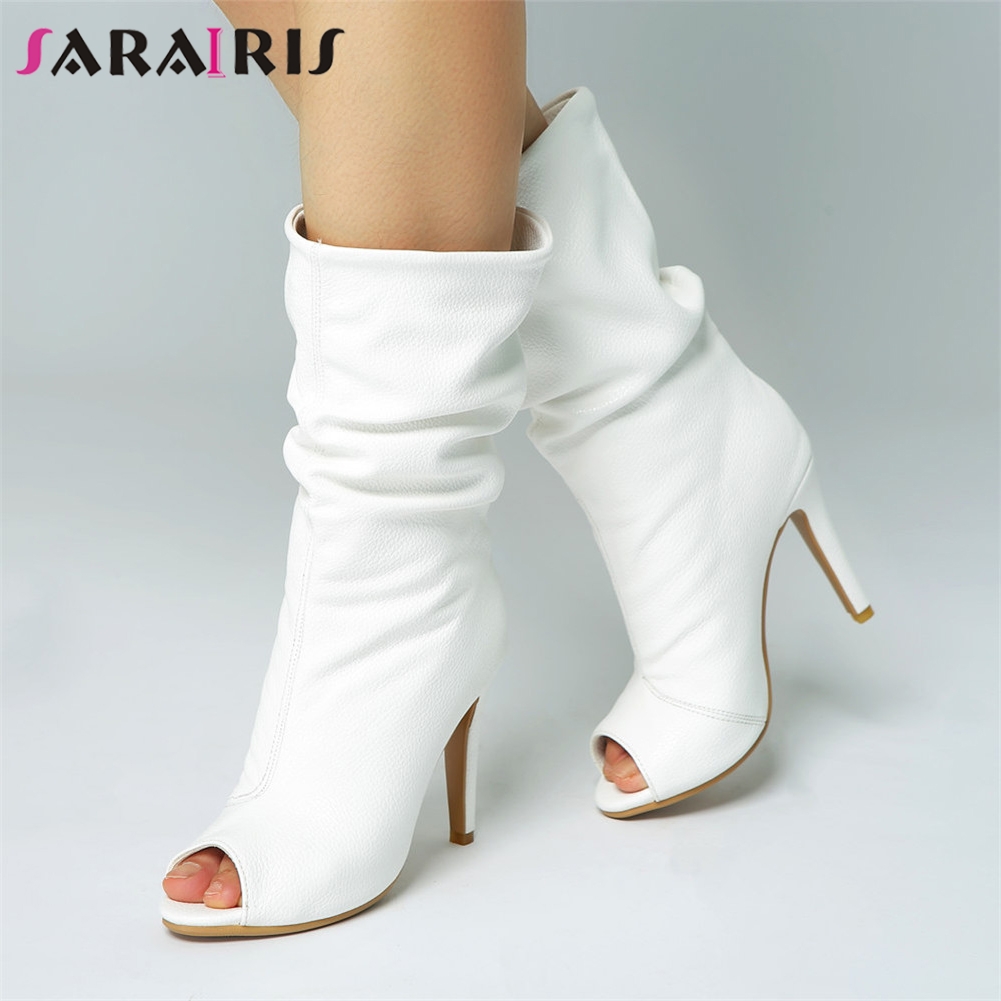 SARAIRIS – chaussures solides à bout ouvert et à talons hauts pour femme, bottes blanches à mi-mollet, 34 à 47, printemps automne